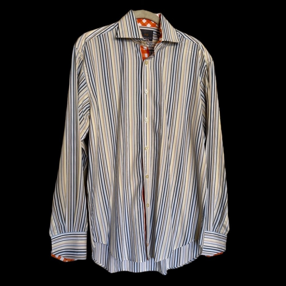 Thomas Dean Shirt Size S White Blue Yellow Striped Long Sleeve Business Preppy